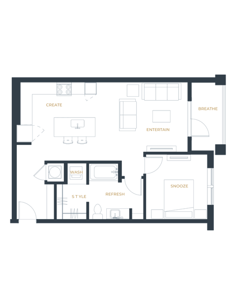 Floor plan for 1 bed, 1 bath, 768 sqft